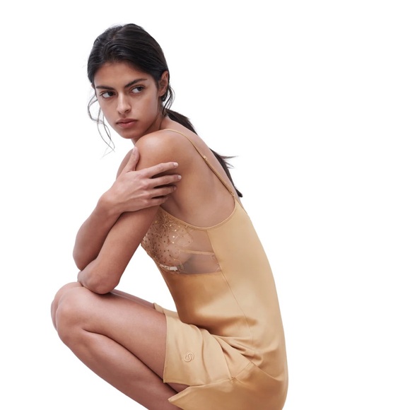 Brand New 100% Satin Elegant Gold Lace Slip Dress by Chantelle - Picture 2 of 4